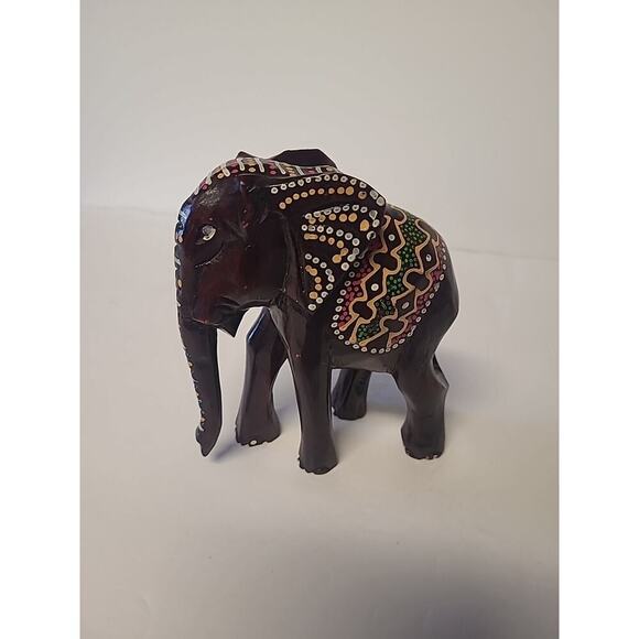 Wooden Indian Painted Elephant Figurine Dark Brown Green Pink Yellow Trunk Down - Picture 8 of 8